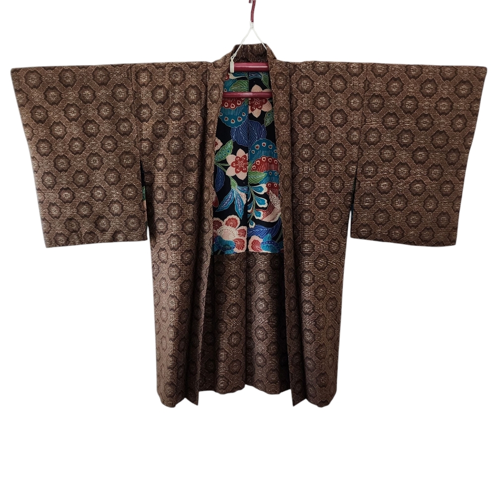 Vintage kimono silk hand stitched haori jacket brown floral lining -K11 - Picture 2 of 16